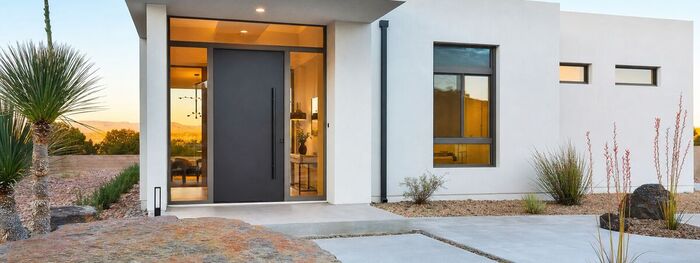 Front entry of a new Southwestern home with keys on the ledge